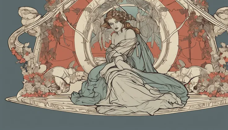 arte de um guerreiro Arte de Alphonse Mucha, sketchfab, linhas de desenhos e cenas sem cores e sombras.