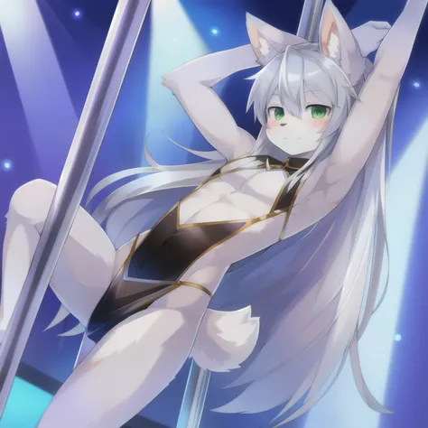 1boy, solo (thin:1.5), (twink), kemono, Furry, furry bunny, anthropomorphic, male, silver fur, green eyes, long hair, silver hair, strip club, revealing outfit, uploaded on e621, pole dancing