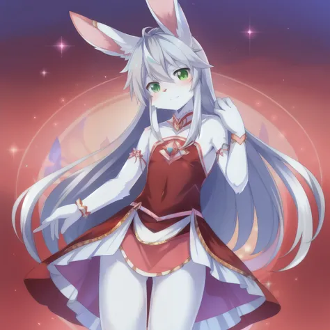 1boy, solo (thin:1.5), (twink), kemono, Furry, furry bunny, anthropomorphic, male, silver fur, green eyes, long hair, silver hair, magical girl theme, magical girl outfit, red magical girl dress, revealing outfit, uploaded on e621,