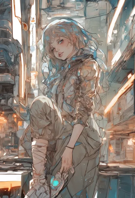 Girl in champagne color trendy urban clothes in a bar, 16 Jahre alt, langes, unordentliches Haar, Smileing, full entire body, Beautiful anime waifu style girl, Hyperdetaillierte Malerei, Luminismus, Kunst von Carne Griffiths und Wadim Kashin Konzeptkunst, ...