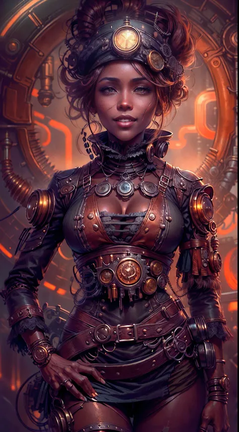 Theres a sexzy African Black 1woman with a dark steam-powered skin, com peito grande,Visual real,capacete, arte conceitual steampunk, Sexzy full-body view from top to bottom, Villan Smile Standing Front View Neon Light,Dawn Sky Style,Dark smoke mist backgr...