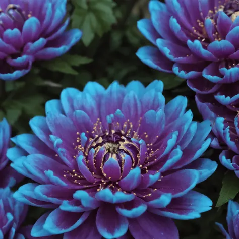 flor roxa com luz azul no meio dela, magic flowers, magical colorful flowers, flor delicada brilhante, roxo brilhante, peony flower, flor bonita, flores brilhantes, alien flower, explosion of flowers, aura roxa, The Platonic ideal of flowers, glowing neon ...