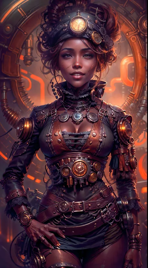 Theres a sexzy African Black 1woman with a dark steam-powered skin, com peito grande,Visual real,capacete, arte conceitual steampunk, Sexzy full-body view from top to bottom, Villan Smile Standing Front View Neon Light,Dawn Sky Style,Dark smoke mist backgr...