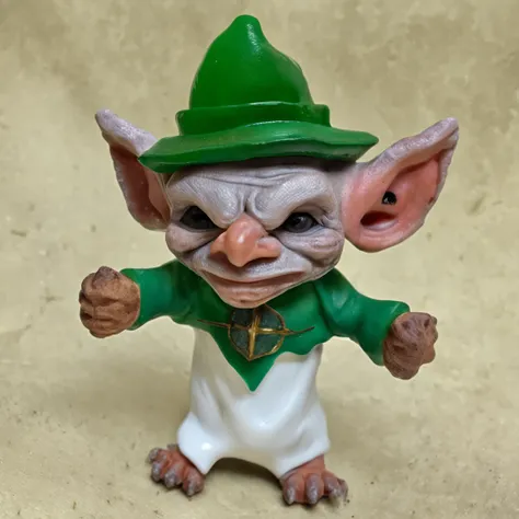 Goblin with giant flat hat and ultra-realistic buckle in 8K. ((Latin gnome with big green hat with a buckle))Depict a gnome wearing a large green buckled hat and sitting inside a cozy, Barra com pouca luz. Ele deve ser pego no meio de saborear uma cerveja ...