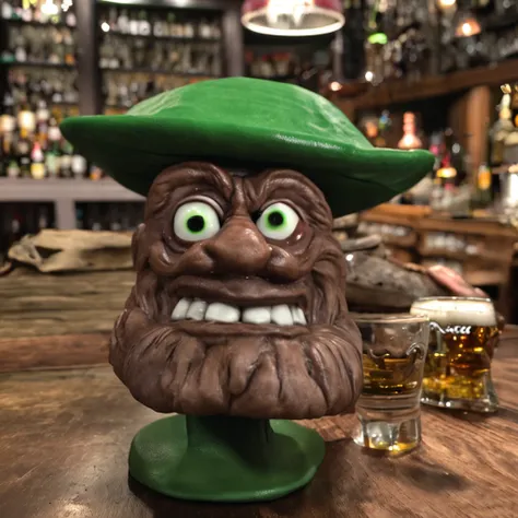 Goblin with giant flat hat and ultra-realistic buckle in 8K. ((Latin gnome with big green hat with a buckle))Depict a gnome wearing a large green buckled hat and sitting inside a cozy, Barra com pouca luz. Ele deve ser pego no meio de saborear uma cerveja ...