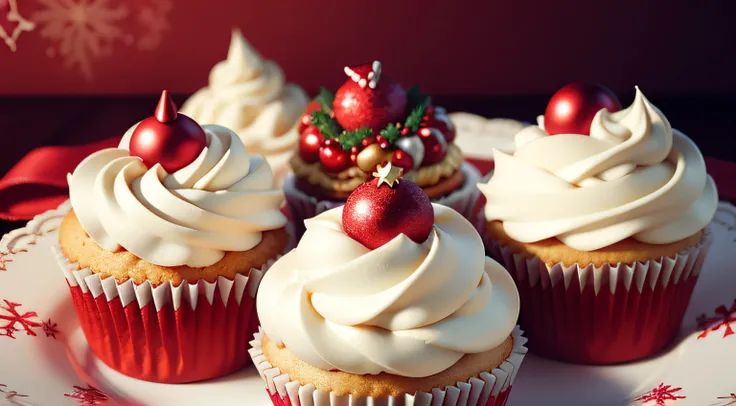 Christmas Cupcakes、catalogue、Christmas decorations on background、The work of the pastry chef、photos realistic