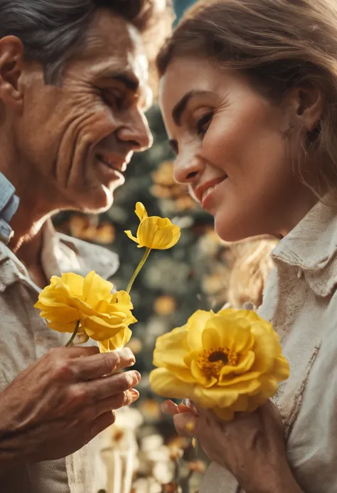 an ultra-realistic portrait of a pair of hands holding a yellow flower, um background que transmita paz e equilibrio.