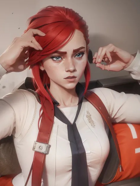 Red-haired girl in a white shirt, rendered with realistic anime and intricate details.