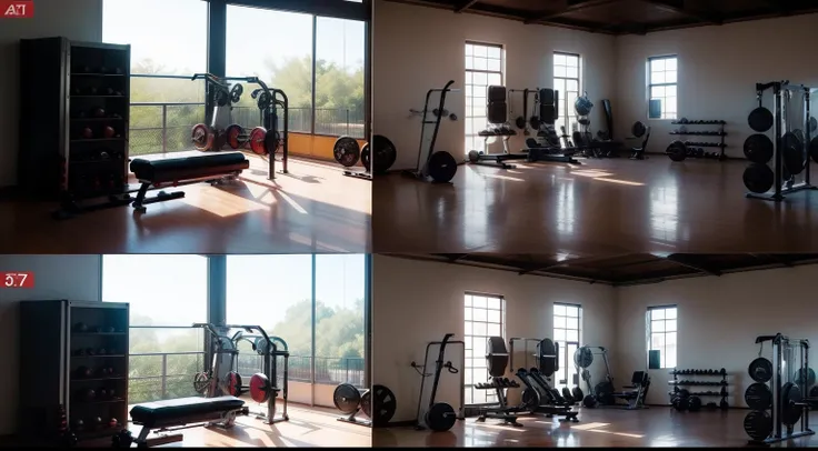 Montage of scenes showing different areas of the gym - weight machines, aulas de grupo animadas, treinamento funcional