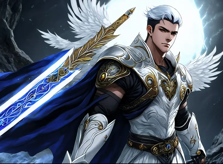 Homem branco, com barba e cabelos castanhos claros, Dressed in futuristic white armor, olhos amarelos brilhantes, It has a white spear with a spiral blade and metal wings at the tip, uma aurela de luz, estilo anime, possuo uma aura amarela de luz