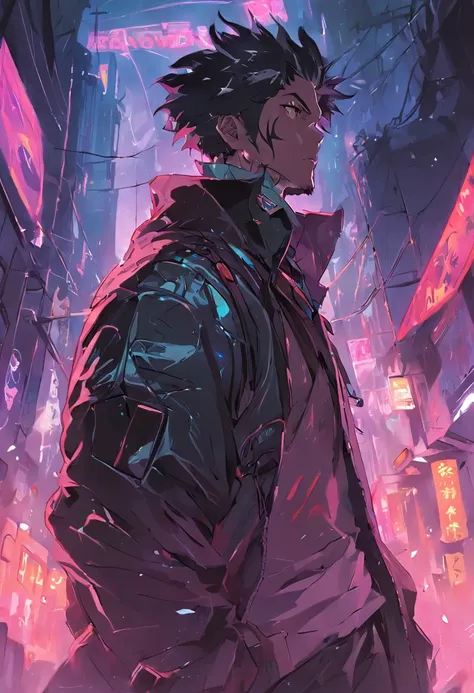 Crie a arte de um personagem humano masculino, vestindo jaqueta de trincheira longo da cor preta, inspirado no jogo Shadowrun, Fantasy Cyberpunk Noir, cyberpunk noir, estilo bladerunner