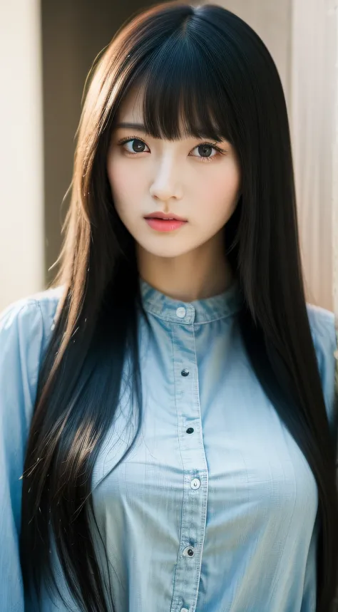 idol、One lady、(Long black hair1.3)、With bangs、Nice style、A sexy、(Colossal tits:1.3)、(​masterpiece、top-quality)、((20 year old woman:1.2))、Young adorable Japan face, dewy skin, Soft portrait shots,8K,、very extremely beautiful、Looking at the camera、,full body...