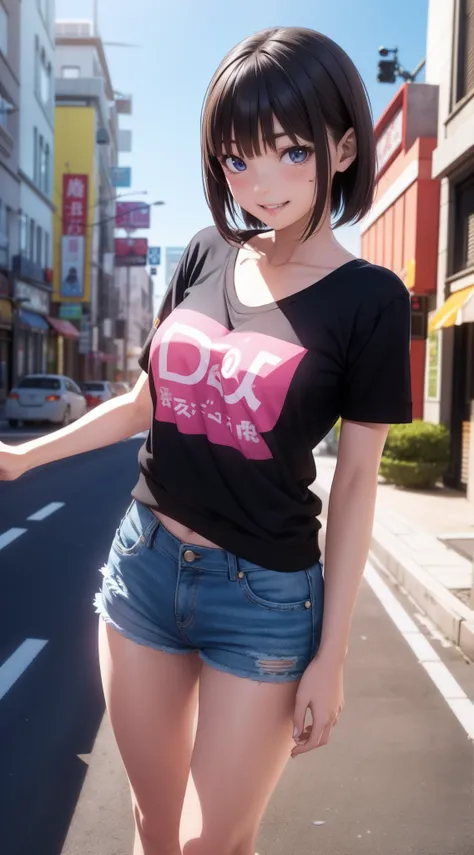 1人の女性、((3d anime))、kawaii、18year old、Lustrous hair、Bob Hair、Random Poses、Random attire、Cute clothes、Laughing、sexypose、Dating in the city、Bruise and ugly clothes