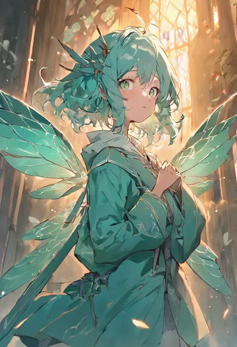 obra prima, melhor qualidade, anatomicamente correto, aspecto de capa de anime, (1 woman with wings facing the camera), (aquamarine green hair), dragonfly wings, (asas nas costas), orelhas pontudas, fada, graciosa, Medieval heroine, trajes de plantas