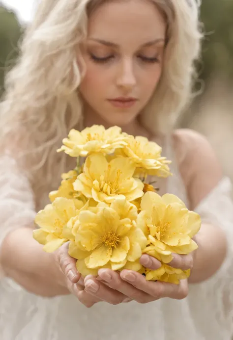 Retrato ultra realista (humanlike hands) of hands holding a yellow flower (use peles). Landscape background with nature conveying the feeling of peace and balance. Do not illustrate faces or bodies, just the hands.