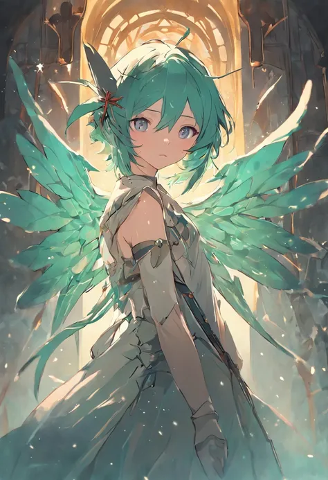 obra prima, melhor qualidade, anatomicamente correto, aspecto de capa de anime, (1 woman with wings facing the camera), (aquamarine green hair), dragonfly wings, (asas nas costas), orelhas pontudas, fada, graciosa, Medieval heroine, trajes de plantas