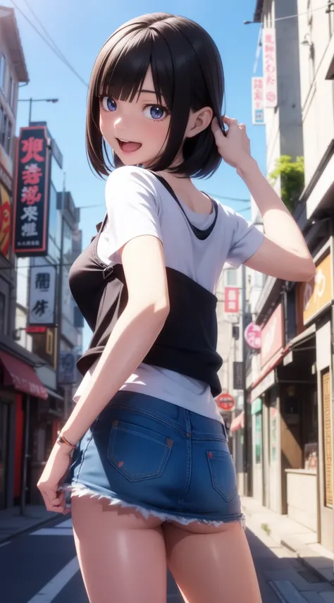 1人の女性、((3d anime))、kawaii、18year old、Lustrous hair、Bob Hair、Random Poses、Random attire、Cute clothes、Laughing、sexypose、Dating in the city、a miniskirt、Pretty clothes、low angles、