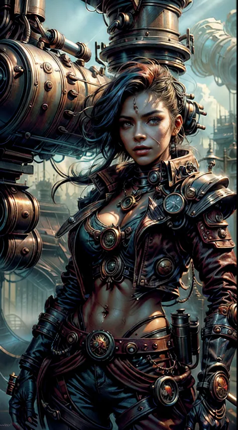 Theres a sexzy Indian 1woman with a dark steam-powered skin, rainbow colored hair,com peitos grandes,visual real,capacete, arte conceitual steampunk, Vista sexzy de corpo inteiro de cima para baixo, sentado na cadeira queen punk vapor,Dark smoke mist backg...