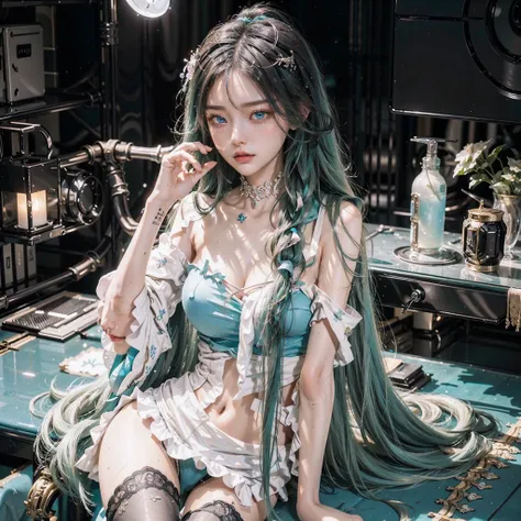 tmasterpiece，Best quality at best，the Extremely Detailed CG Unity 8K Wallpapers，In the daytime， White skin of the，long eyelasher, Long hair and waist，Pitch-black hair, Gradient hair, The ends of the hair are blue-green，Turquoise eyes，hair straight, Beautif...