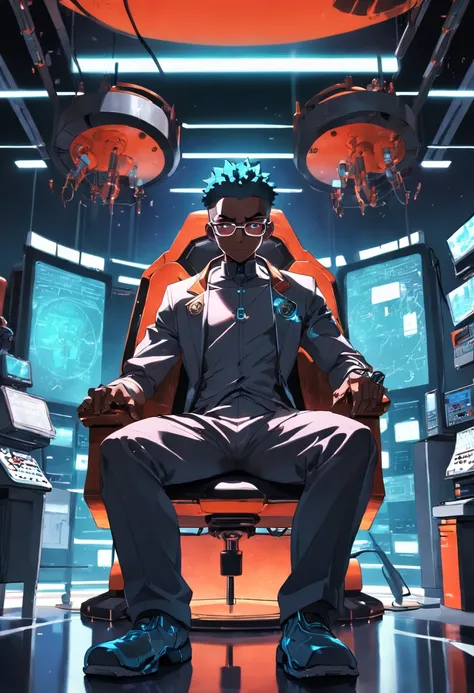 raw, wide angle, A man in a dark laboratory sitting on a chair of the future wears glasses., Reddish black skin, laboratory, hardware, Bright environment, Neon, ((cyberpunked))