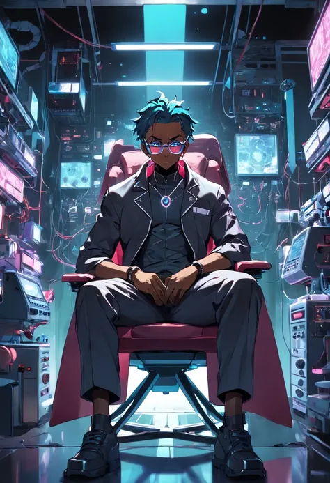 raw, wide angle, A man in a dark laboratory sitting on a chair of the future wears glasses., Reddish black skin, laboratory, hardware, Bright environment, Neon, ((cyberpunked))