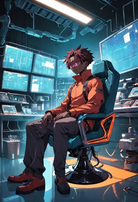 raw, wide angle, A man in a dark laboratory sitting on a chair of the future wears glasses., Reddish black skin, laboratory, hardware, Bright environment, Neon, ((cyberpunked))