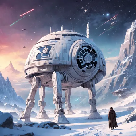 Star Wars in St. Walker, snowy landscape, Futuristic details, Cinematic style, Digital art, illusory engine, Highly detailed, Bokeh