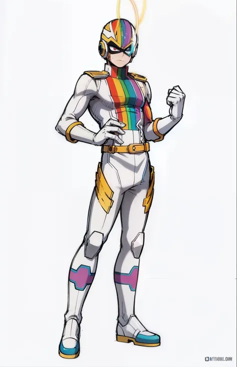 My Hero Academia style, anime boy, male, young male, trending on artstation pixiv, (full body shot:0.5), head covering, helmet, face covering, mask, rainbow helmet, metallic mask, hero costume, full body suit, white suit with rainbow lines, perfect hands, ...