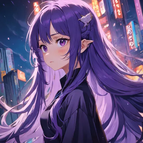 Long purple hair，Long eyelashes，a purple eye，Swan-like neck，Huge，Exquisite calves，