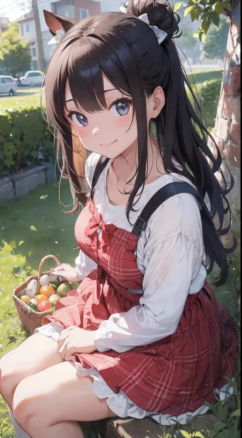 girl with, 独奏, The costume: Summer Vegetables Cosplay: Summer vegetables, Angles that highlight cuteness, picnic、Hara leaf、((Sitting on a cute seat: 1.8)), kawaii, 、Subject from above、Showcase your favorite ingredients。huge smile、