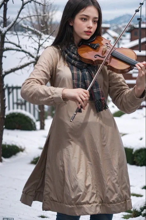 1girl, playing violin, violin, bow (music), snow, stand on street, coat, winter, scarf, snowing,   golden hair, indoor,
best quality, 8k, masterpiece,