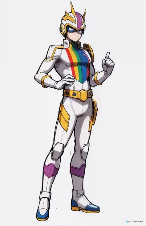 My Hero Academia style, anime boy, male, young male, trending on artstation pixiv, (full body shot:0.5), head covering, helmet, face covering, mask, rainbow helmet, metallic mask, hero costume, full body suit, white suit with rainbow lines, perfect hands, ...