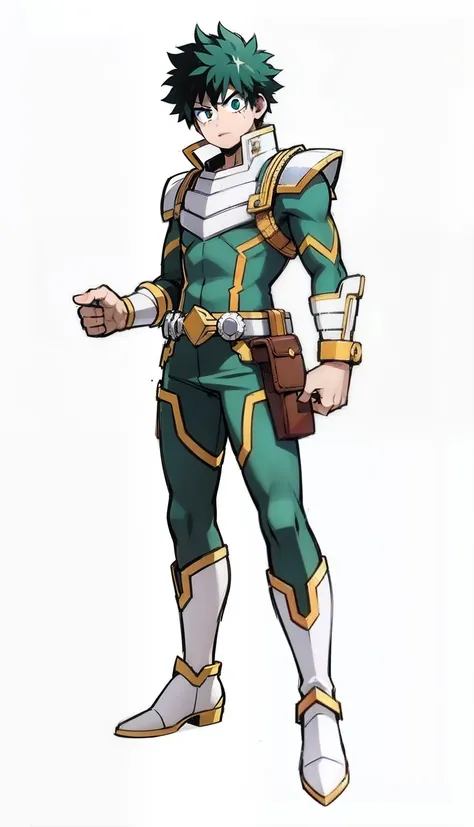 My Hero Academia style, anime boy, male, young male, trending on artstation pixiv, (full body shot:0.5), Izuku Midoriya, head covering, helmet, face covering, mask, green helmet, metallic mask, hero costume, full body costume, green color costume with gold...