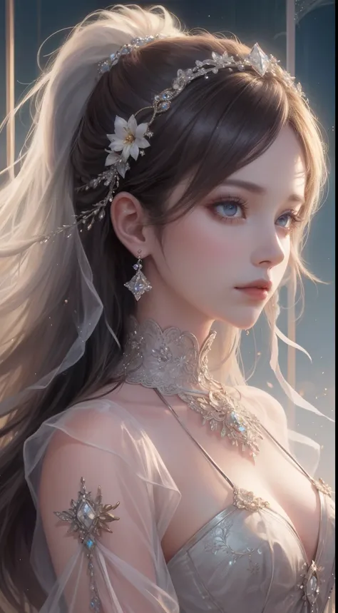 tmasterpiece，Highest high resolution，Bust of a beautiful noble maiden，Delicate braided hair，Coiled hair，Shining clear eyes，The hair is covered with beautiful and delicate floral craftsmanship, crystal、Diamond jewelry filigree，Ultra-detailed details，upscale...