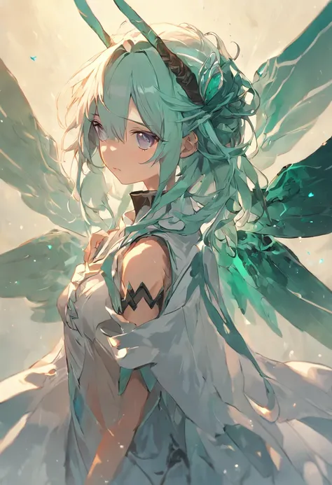 obra prima, melhor qualidade, anatomicamente correto, aspecto de capa de anime, (1 woman with wings facing the camera), (aquamarine green hair), dragonfly wings, (asas nas costas), orelhas pontudas, fada, graciosa, Medieval heroine, trajes de plantas