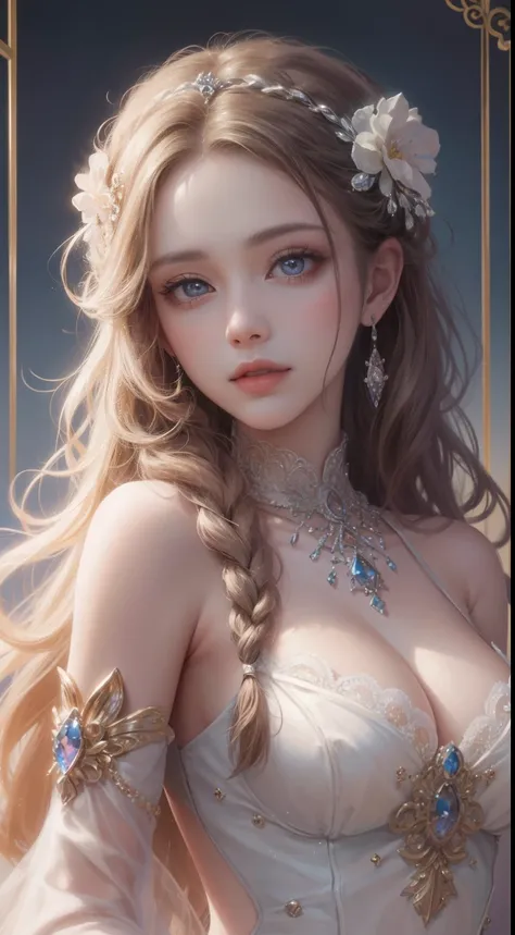 tmasterpiece，Highest high resolution，Bust of a beautiful noble maiden，Delicate braided hair，Coiled hair，Shining clear eyes，The hair is covered with beautiful and delicate floral craftsmanship, crystal、Diamond jewelry filigree，Ultra-detailed details，upscale...