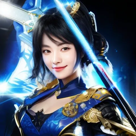 Smiling woman with black hair in blue dress holding sword