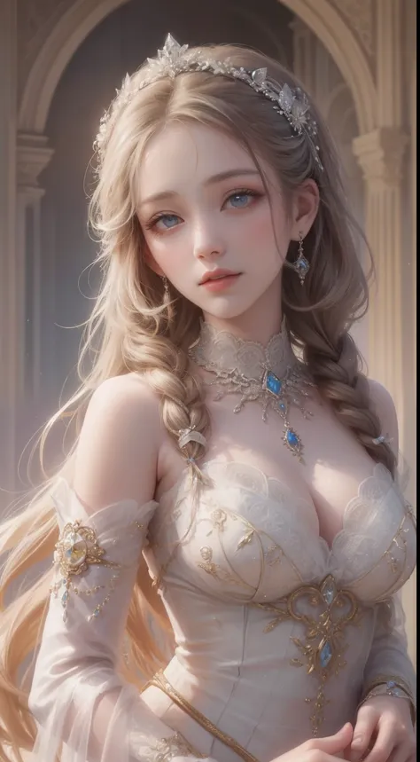 tmasterpiece，Highest high resolution，Bust of a beautiful noble maiden，Delicate braided hair，Coiled hair，Shining clear eyes，The hair is covered with beautiful and delicate floral craftsmanship, crystal、Diamond jewelry filigree，Ultra-detailed details，upscale...