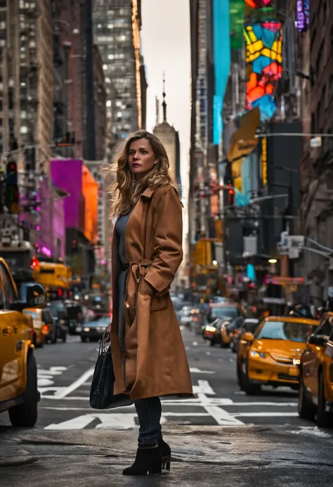 garota andando em new york com bolsa e jaqueta de couro