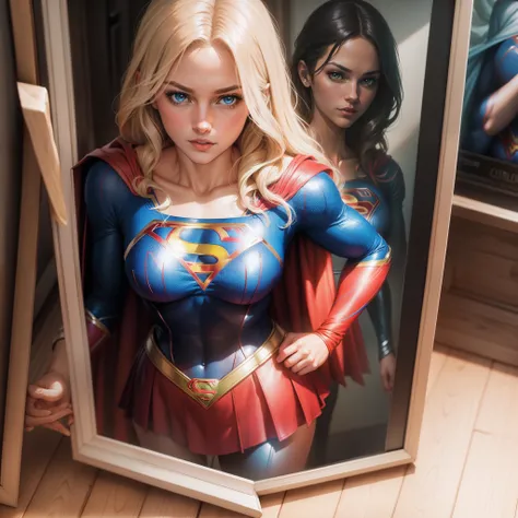 colored pencil drawing, concept art, framed image in the center of the page (DC comics Supergirl character), full body image, loose lines, (color drawing).