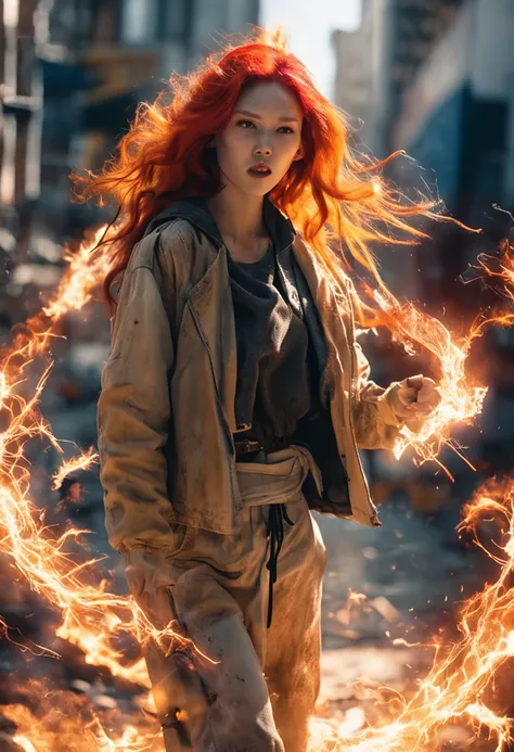 portraiture, Broken glass effect, Vivid yellow flame, Ethereal sparks, Mesmerizing colors, ((Beautiful white-skinned Japanese woman, Clear face))，big laughter, Flowing fiery red hair, Dynamic aerial pose, Broken environment, Urban chaos background, cinemat...