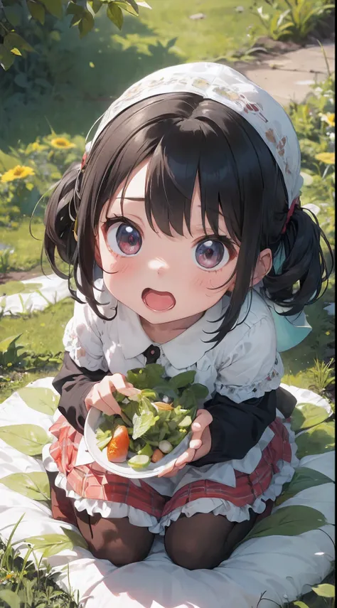 white plate, girl, dwarves, The costume: Summer Vegetables Cosplay: Summer vegetables, Angles that highlight cuteness, picnic、Hara leaf、((Dwarf sitting on a cute sheet: 1.8)), Cute, Frightened, trembling、Subject from above、Ingredients I dont like、I dont wa...