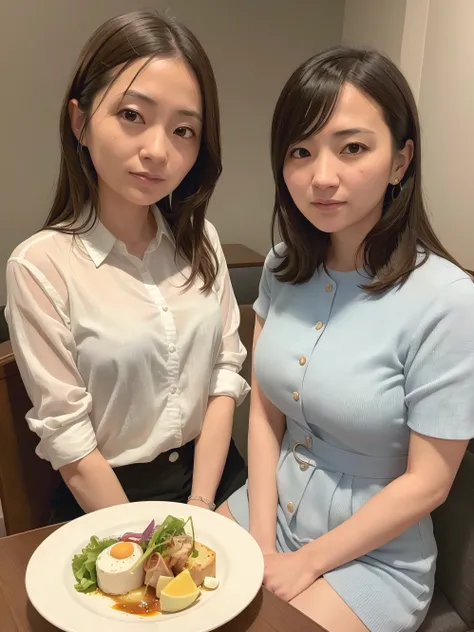 there is a woman sitting at a table with a plate of food, chiho, 30 year old female, 奈良美智, she is about 3 0 years old, she is about 30 years old, she is about 2 5 years old, Ayami, deayami kojima