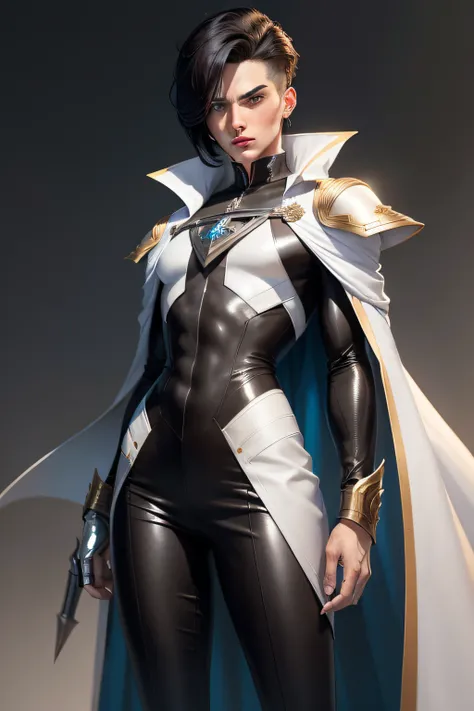 Androgynous character, you cant tell if its a man or a woman, Height 1.72m, thin, black hair with a white streak, light brown skin, tight blue pants, wide white jacket, shoulder cape, shoulder pads with metal brooch