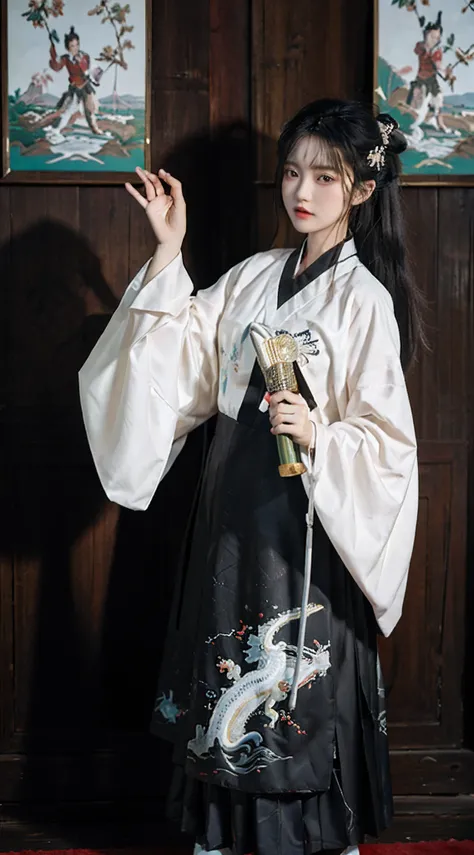 RAW photogr，best qualtiy，tmasterpiece，超高分辨率，（realisticlying：1.4），Anime a poster，1 hand holding a large long knife，two hands，Wear Kung Fu Master Cloth，wave，Traditional Chinese ink style，Girl Dragon Slayer，The main color is red, white, black ink，dynamic move...