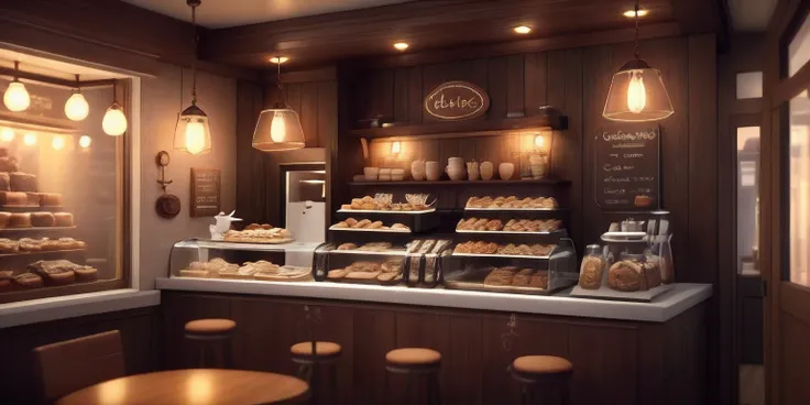 coffe shop, latte art, cookies, cocoa power, cinematic, cozy environment, warm lights, ultra realistic, highly detailed, 8k, --air 3:2 --v 5, with bakery inside, and cats