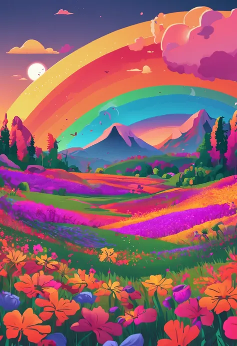 field full of flowers with a rainbow in cartoon