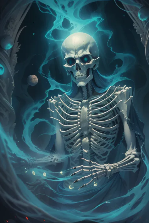 "an ethereal and haunting portrayal of a lich, bathed in eerie moonlight, emanating an aura of darkness, with glowing blue eyes and raised skeletal hands, surrounded by swirling mist and floating orbs of magical energy." ,items and skill images on slides