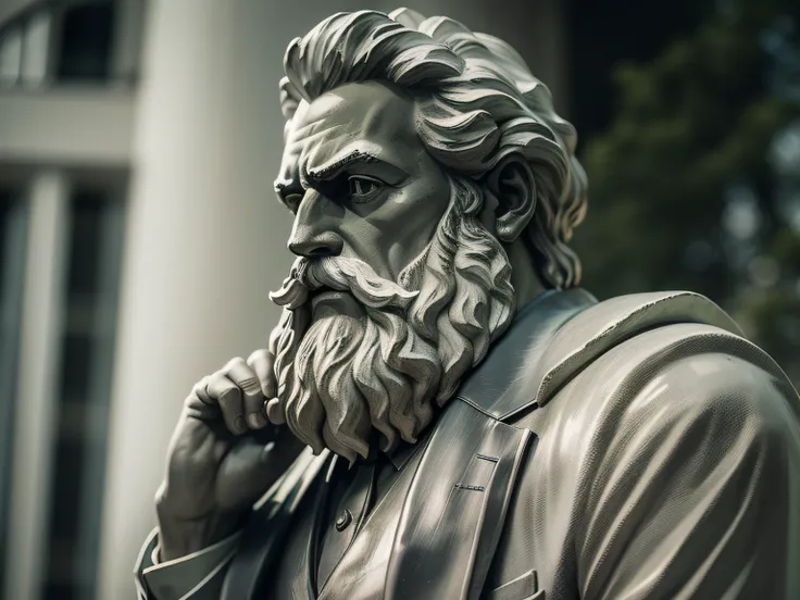 Statue of a Greek philosopher thinker with a large beard dressed in suit and tie, imagem em close-up com foco no rosto e no peito, tudo em preto e branco, com fundo preto