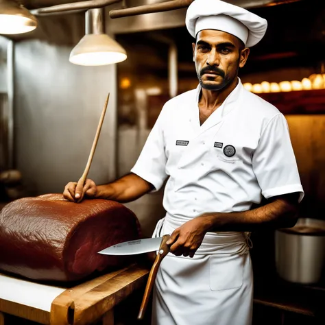 Butcher man, cortando bife, butcher with white clothes, roupa branca, com avental branco, bota branca , with white cap, Knife in hand and Chaiga in the other hand .